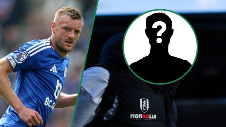 Jamie Vardy playing for Leicester City left and Fulham's Carlos Vinicius arriving at Craven Cottage with mystery overlay covering face right