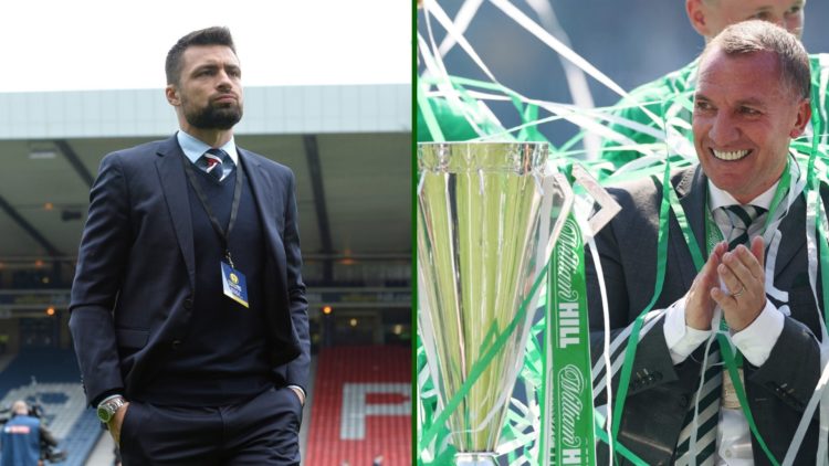 Split image of Russell Martin at Rangers prior to facing Celtic in the Scottish Cup and Brendan Rodgers celebrating Trophy Day at Celtic Park.