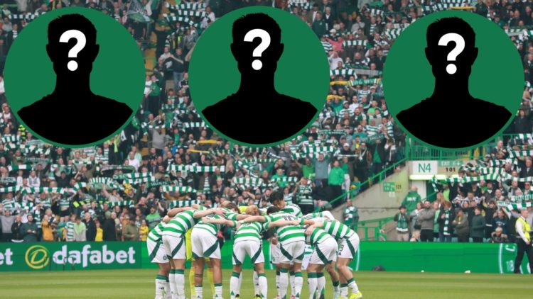 Celtic players huddle together before the game against Kilmarnock, insets of mystery men