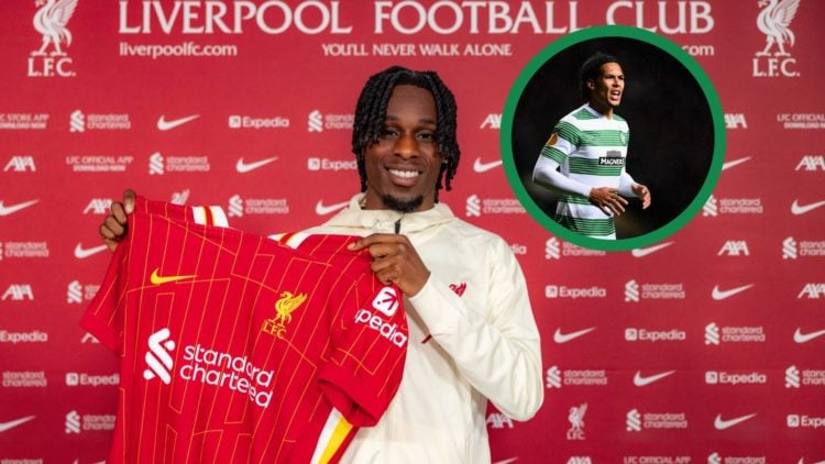 Jeremie Frimpong unveiled as the as a new Liverpool player, including an inset of Virgil van Dijk in action for Celtic.