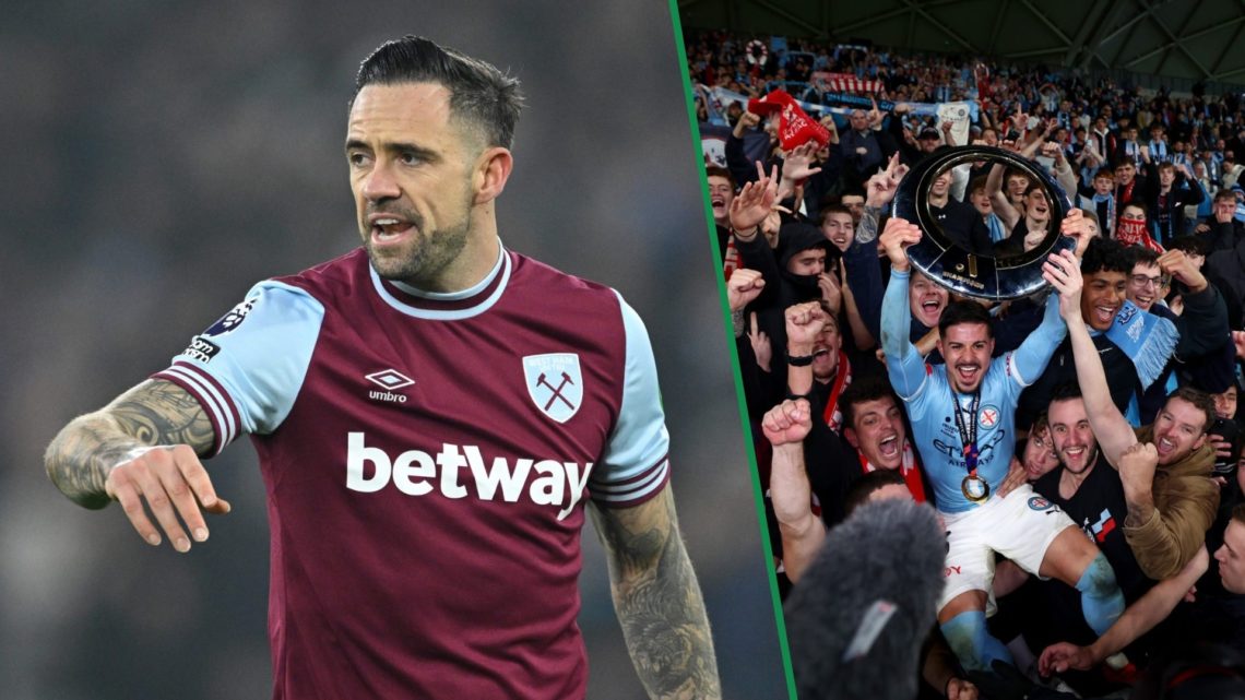 Danny Ings playing for West Ham United left and Marco Tilio celebrating winning the A-League trophy with fans right