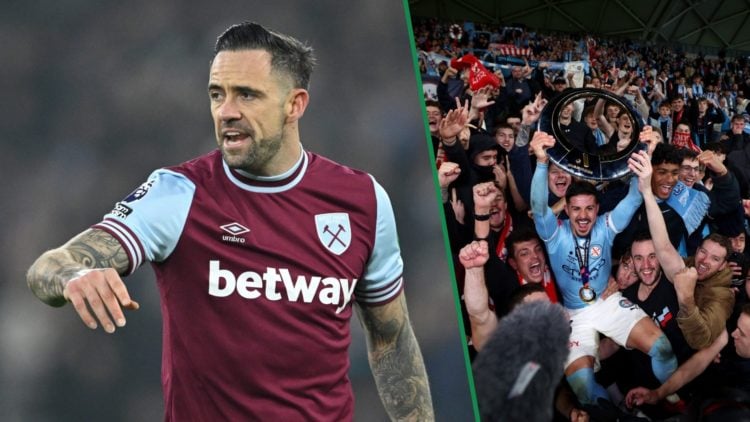 Danny Ings playing for West Ham United left and Marco Tilio celebrating winning the A-League trophy with fans right