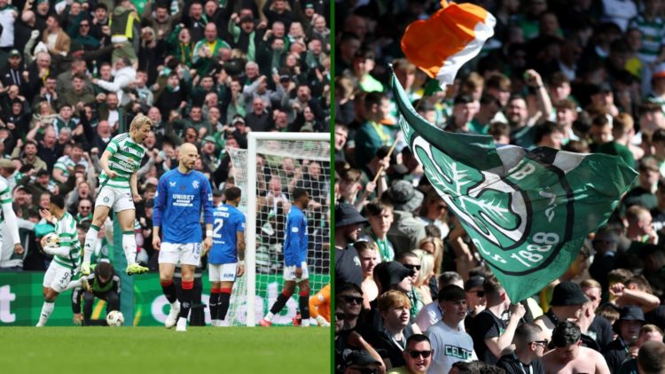 Split image of Celtic striker Daizen Maeda scoring against Rangers at Celtic Park and Celtic supporters celebrating