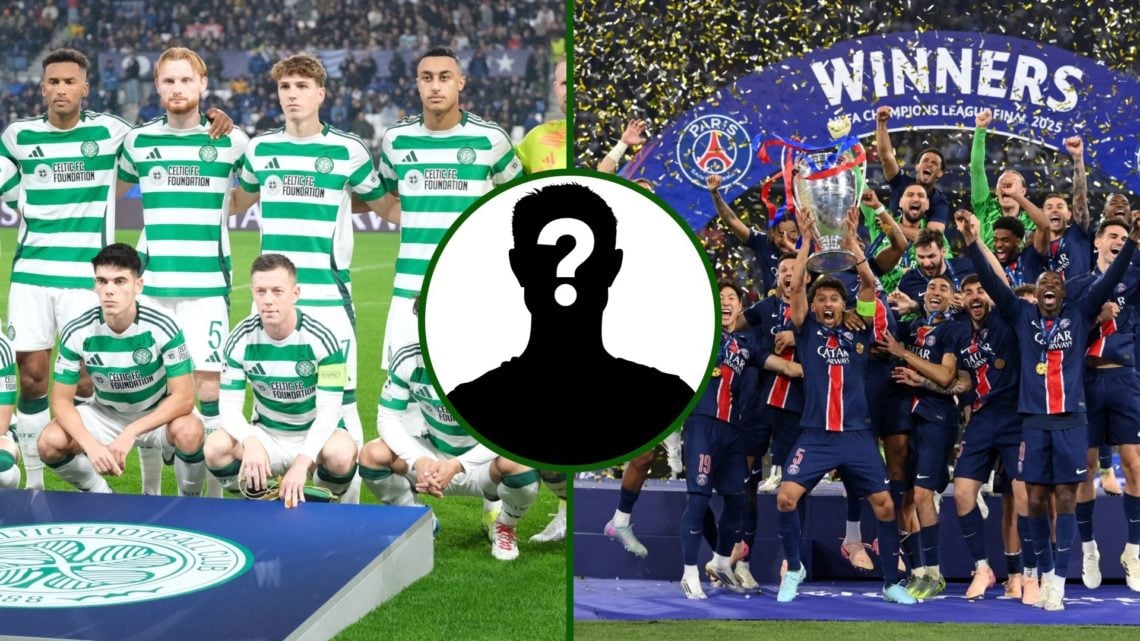 Split image of Celtic's line up vs Atalanta in the Champions League and PSG players celebrating beating Inter Milan 5-0 in the final.