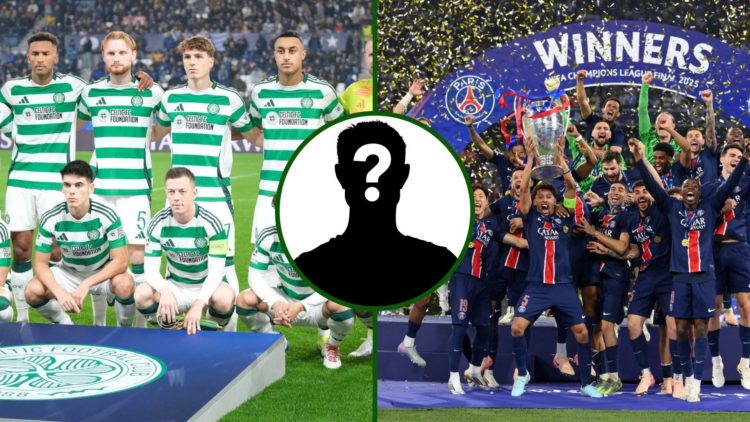 Split image of Celtic's line up vs Atalanta in the Champions League and PSG players celebrating beating Inter Milan 5-0 in the final.