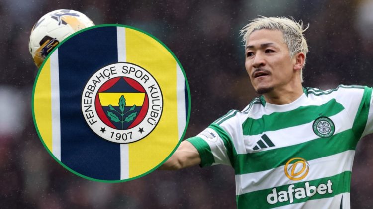 Daizen Maeda fighting for the ball for Celtic right and Fenerbahce badge shown inset left