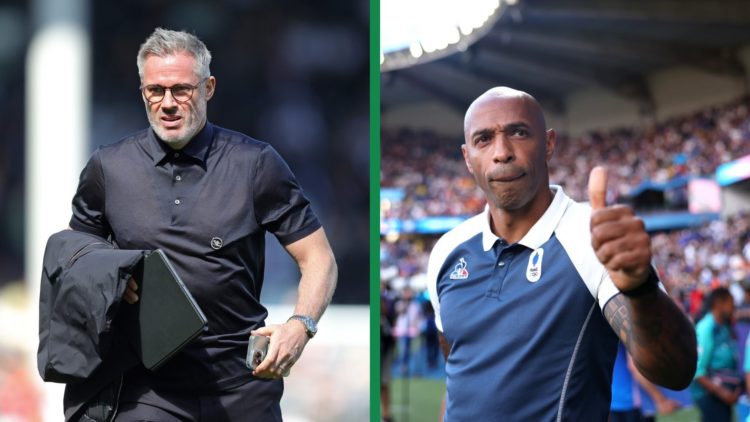 A split image of Jamie Carragher on punditry duty for Sky Sports at Craven Cottage, and Thierry Henry in charge of Team France against Spain at the...