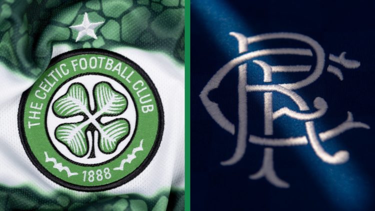 A split image of the badges of Celtic and Rangers