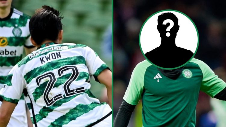 Kwon playing for Celtic against Wolves in 2023 left and Gustaf Lagerbielke warming up before a Champions League game with mystery overlay covering ...