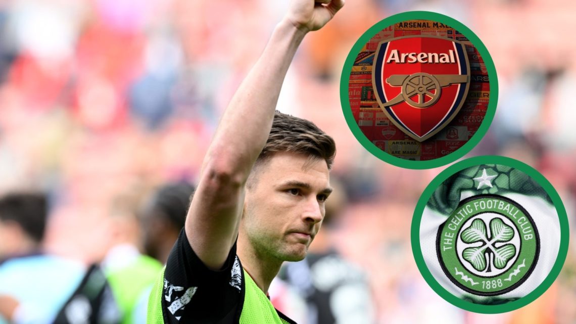 Kieran Tierney raising his hand towards the Arsenal supporters, including insets of the Celtic and Arsenal badges.