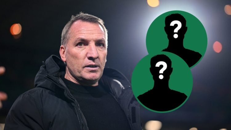 Brendan Rodgers watches on from the touchline during a Celtic game, two insets of mystery figures
