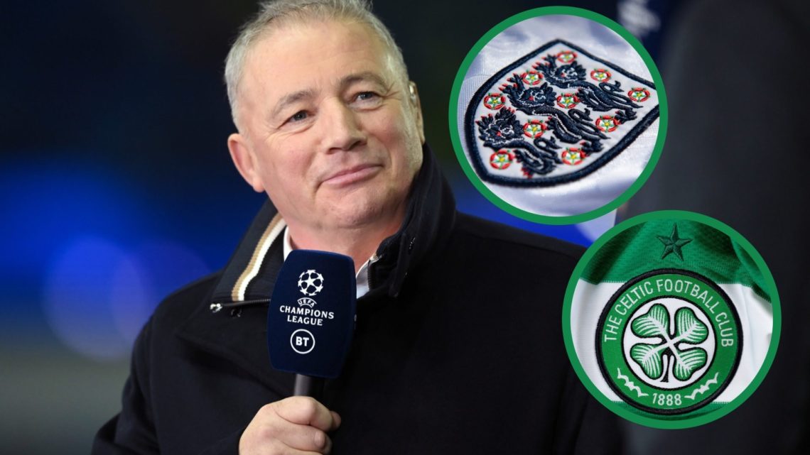 Ally McCoist on punditry duty, including an inset of the Celtic badge, and the England Three Lions crest.