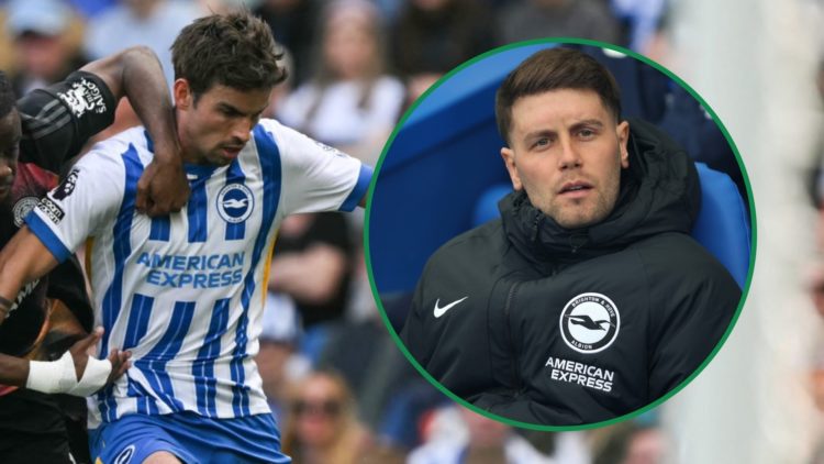 Matt O'Riley battling for the ball against Leicester City left and Brighton manager Fabian Hurzeler sat at the dugout looking on right inset