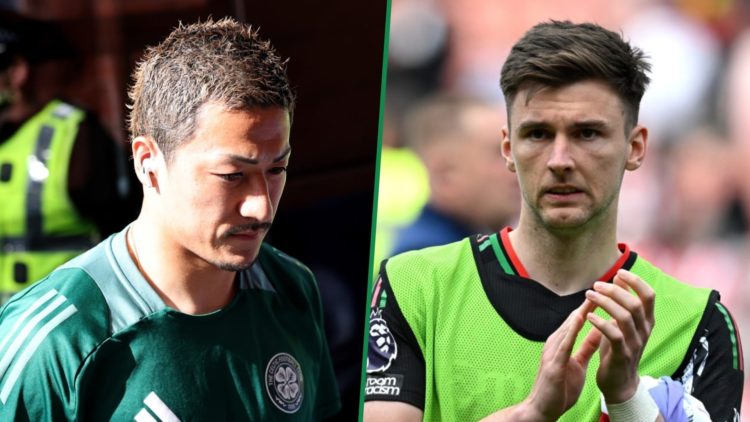 Daizen Maeda steps off the Celtic team bus before playing Rangers left and Kieran Tierney claps the Arsenal fans right
