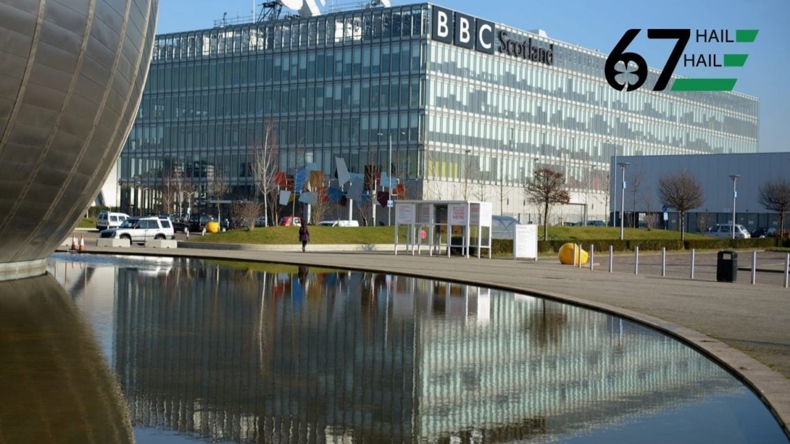 Image of BBC Scotland headquarters with an overlay of Celtic fan site 67 Hail Hail logo.