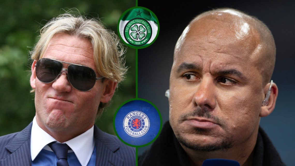 Aston Villa legend Gabby Agbonlahor looking at talkSPORT host and former Crystal Palace owner Simon Jordan with Celtic and Rangers badge overlays.