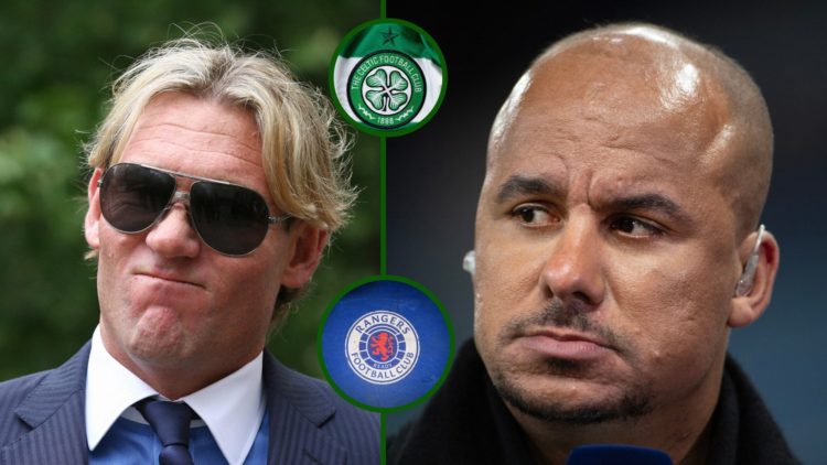 Aston Villa legend Gabby Agbonlahor looking at talkSPORT host and former Crystal Palace owner Simon Jordan with Celtic and Rangers badge overlays.