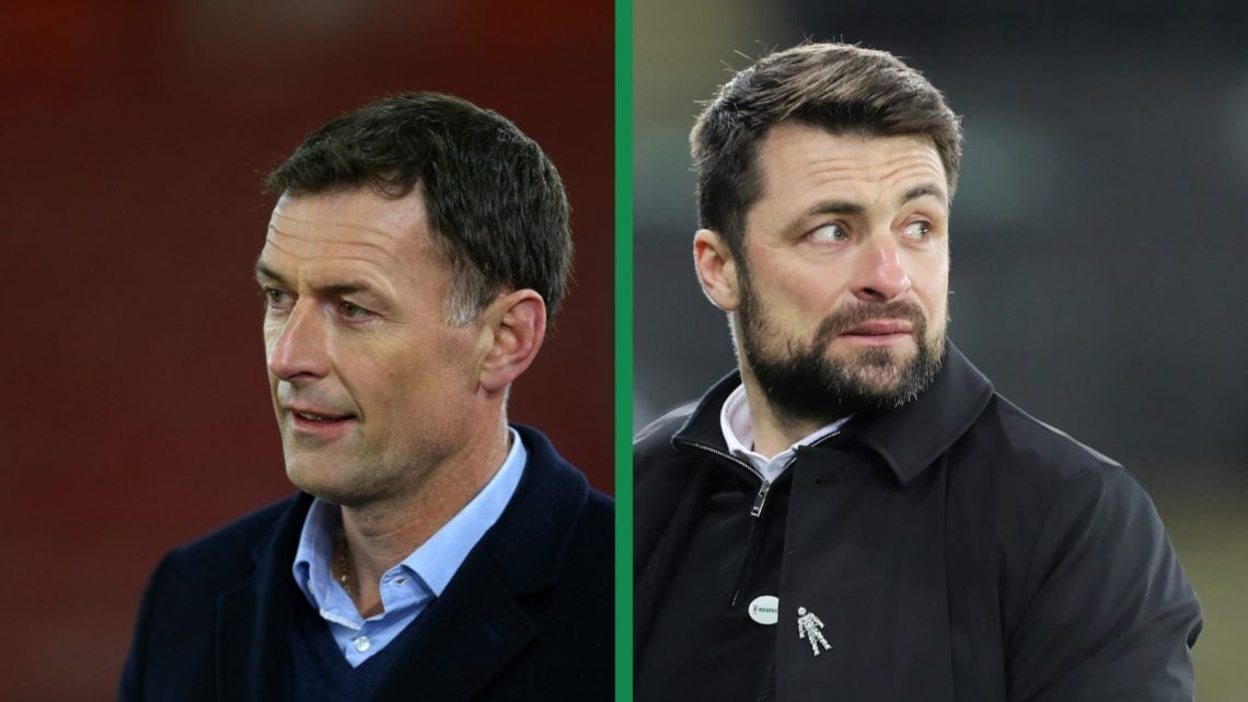 A split image of former Celtic striker Chris Sutton on punditry duty, and new Rangers boss Russell Martin in charge of Swansea City.