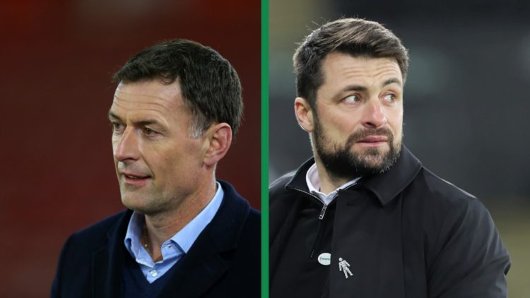 A split image of former Celtic striker Chris Sutton on punditry duty, and new Rangers boss Russell Martin in charge of Swansea City.