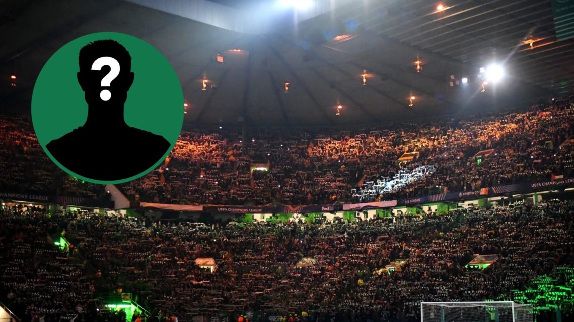 Fans hold scarves up at Celtic Park before a Champions League game, an inset of a mystery man