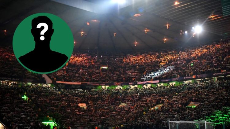 Fans hold scarves up at Celtic Park before a Champions League game, an inset of a mystery man