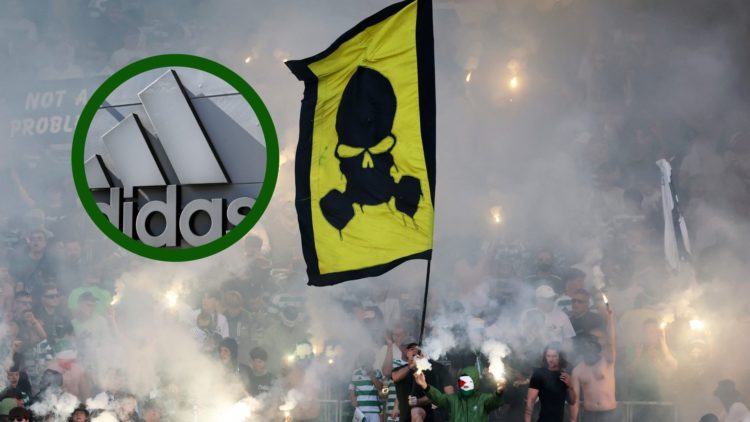 Celtic fans celebrating Trophy Day at Celtic Park vs St Mirren with an overlay of the Adidas logo