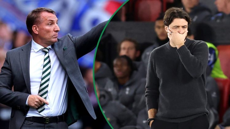 Brendan Rodgers pointing during a Rangers vs Celtic match left and Russell Martin looks dejected while managing Southampton right