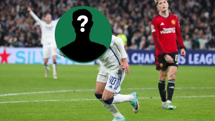 Roony Bardghji celebrates scoring for Copenhagen against Manchester United in the Champions League, inset of a mystery man