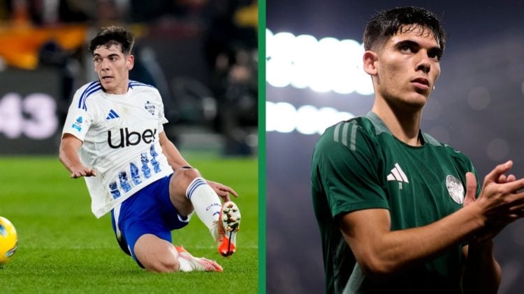 A split image of Alex Valle in action for Como against AS Roma, and Valle preparing for Celtic's Champions League clash against Atalanta.