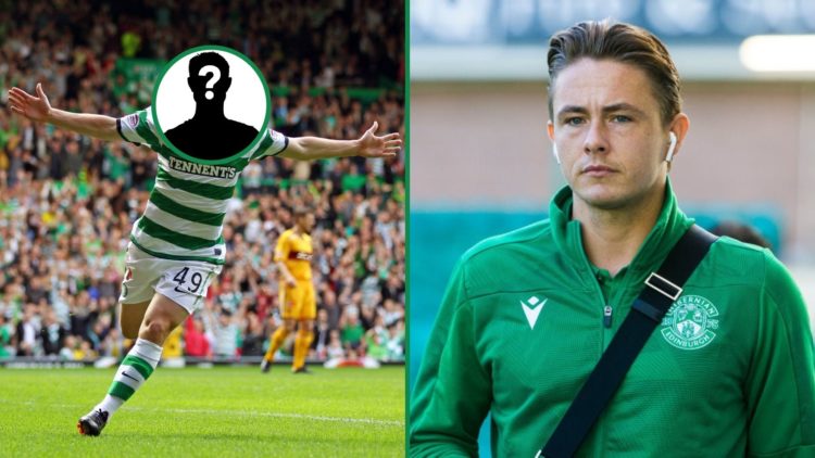 Scott Allan in Hibs training gear at Easter Road right and James Forrest celebrating scoring a goal for Celtic with mystery overlay over his face left