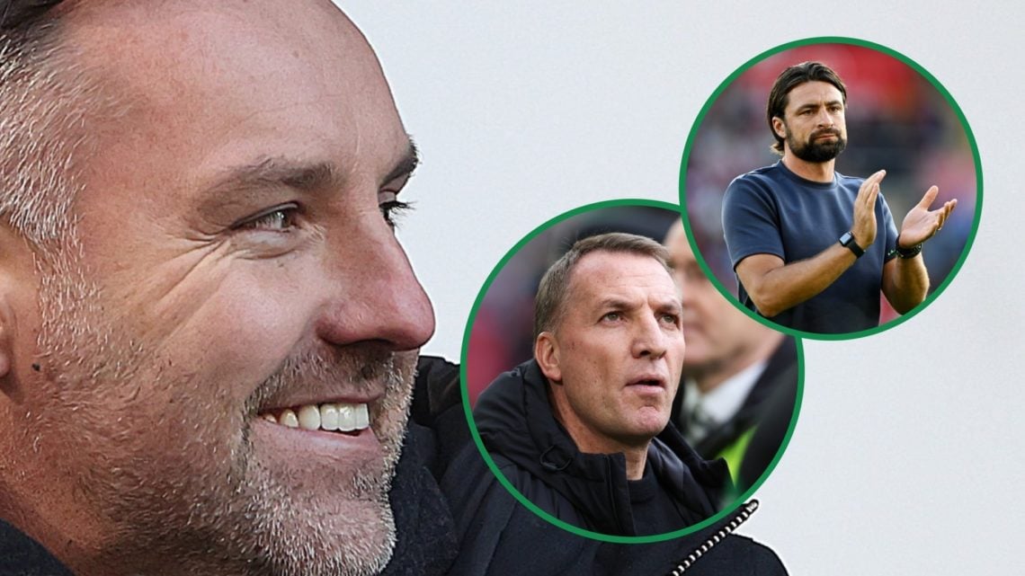 Kris Boyd smiles left with Celtic boss Brendan Rodgers and new Rangers manager Russell Martin both inset right
