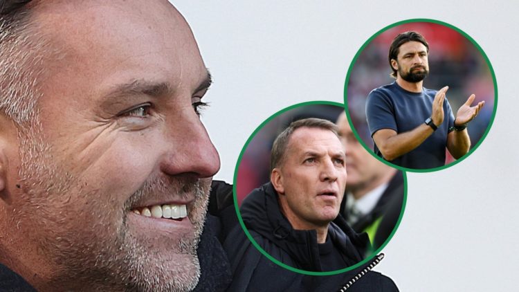 Kris Boyd smiles left with Celtic boss Brendan Rodgers and new Rangers manager Russell Martin both inset right