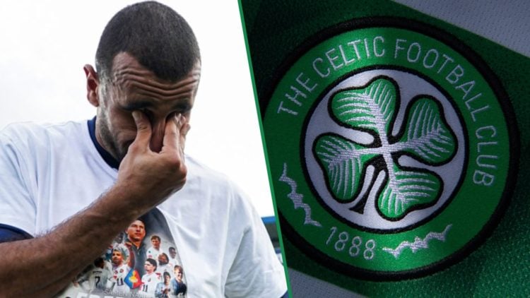 Youssef El Kachati cries after Telstar promoted to Eredivisie left and Celtic badge right
