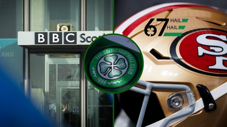 Four way image of the BBC Scotland studio, San Francisco 49ers football helmet and an overlay of a Celtic badge as the Rangers takeover completes.