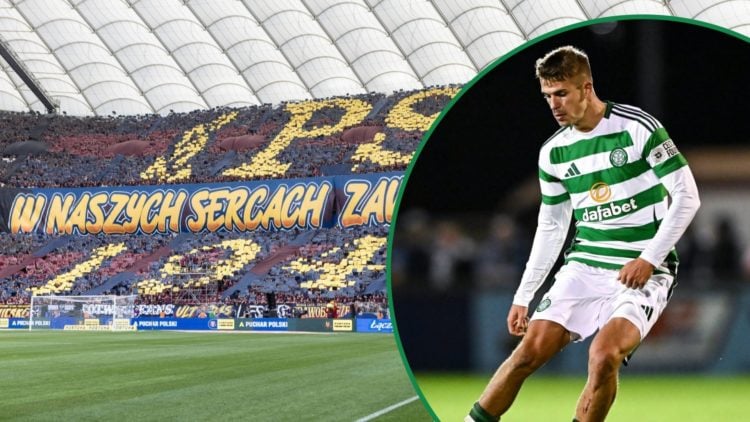 Pogoń Szczecin fans during 2024 Polish FA Cup final left and Celtic's Maik Nawrocki against Sligo Rovers inset right