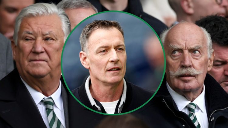 Celtic chairman Peter Lawwell left and majority shareholder Dermot Desmond right with Chris Sutton inset centre