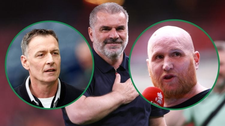 Ange Postecoglou after winning the Europa League final centre with Celtic legends Chris Sutton left and John Hartson right