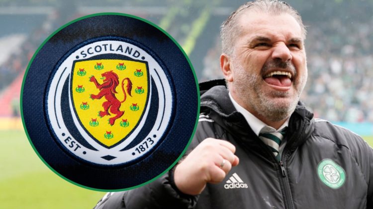 Scotland badge left inset and Ange Postecoglou celebrates at Hampden after Celtic beat Rangers right