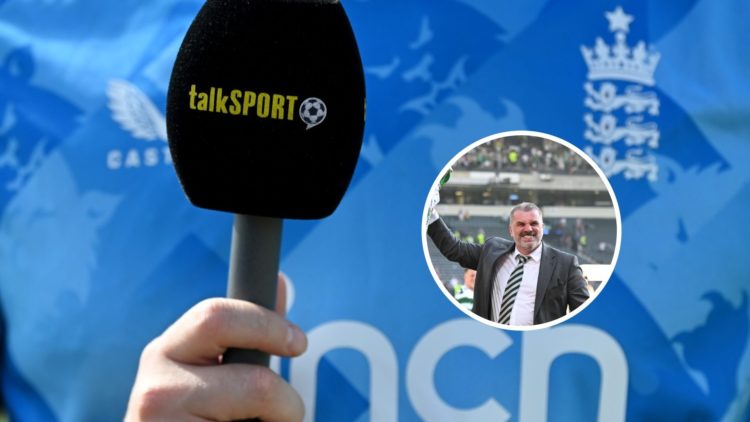 Image of a talkSPORT microphone and Tottenham boss Ange Postecoglou winning the Scottish Cup whilst at Celtic.
