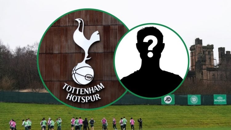 Celtic players train at Lennoxtown background with Tottenham Hotspur badge left inset and mystery figure overlay right inset
