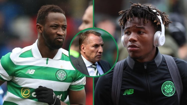 Moussa Dembele of Celtic celebrates scoring penalty vs St Johnstone left, Kundai Benyu of Celtic before a game right, and Brendan Rodgers centre inset