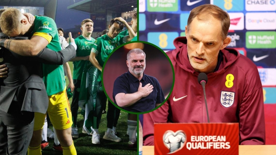 Split image of Joe Hart and Ange Postecoglou embracing after winning the Scottish Premiership with Celtic and England boss Thomas Tuchel speaking p...