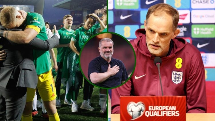 Split image of Joe Hart and Ange Postecoglou embracing after winning the Scottish Premiership with Celtic and England boss Thomas Tuchel speaking p...