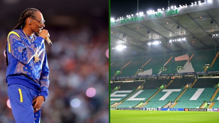 Split image of worldwide rap superstar Snoop Dogg and Celtic Park at night during after a Champions League fixture.
