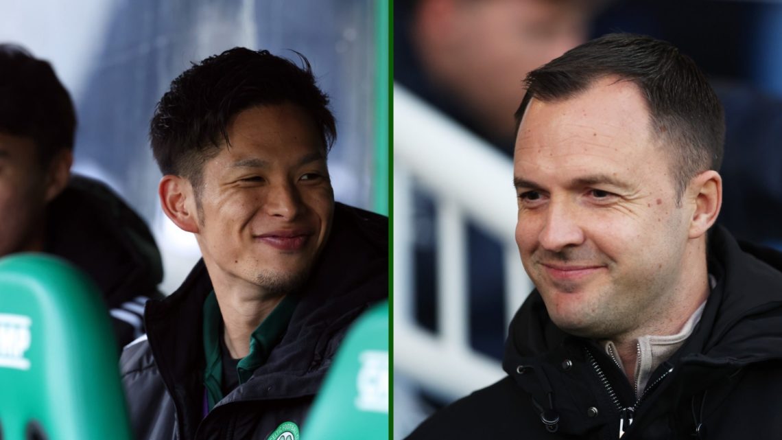 Split image of Tomoki Iwata sitting on the Celtic bench with Birmingham manager and former Celtic coach Chris Davies