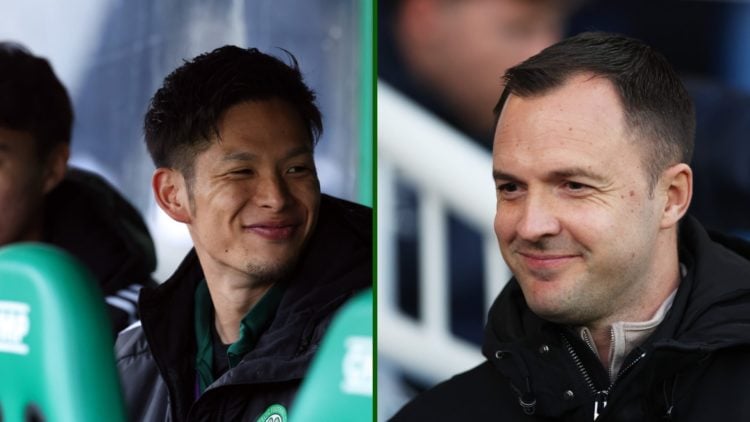 Split image of Tomoki Iwata sitting on the Celtic bench with Birmingham manager and former Celtic coach Chris Davies