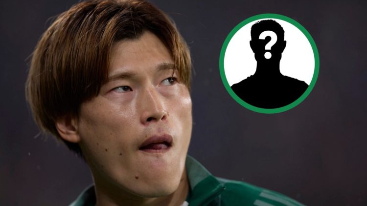 Kyogo Furuhashi looks on whilst in action for Celtic against Atalanta, including an inset of a mystery player.