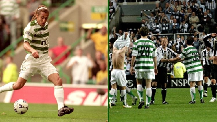 Split image of Henrik Larsson of Celtic in action during the Scottish Premier League match against Rangers at Celtic Park in Glasgow, Scotland. Cel...
