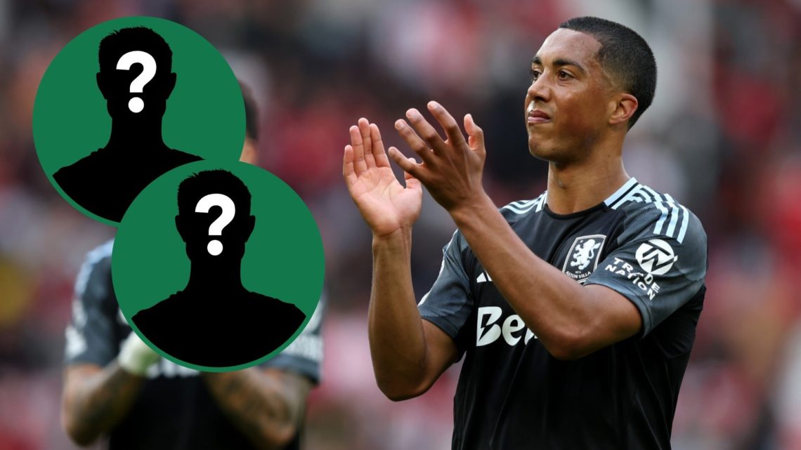 Youri Tielemans applauds the Aston Villa fans after a Premier League game, insets of mystery men