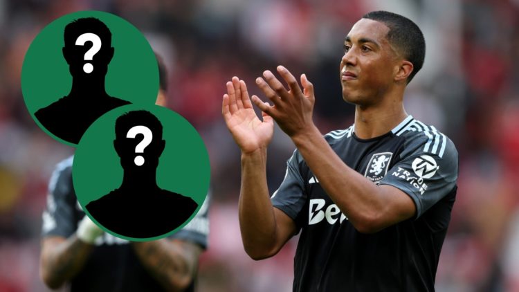 Youri Tielemans applauds the Aston Villa fans after a Premier League game, insets of mystery men